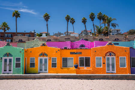 Colorful Spanish Revival beach cottages at Capitola Venetian Courtの写真素材