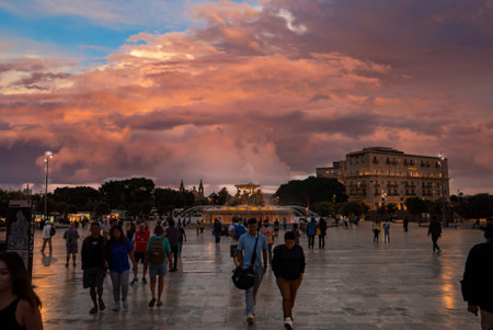 Evening at Triton Fountain, Vallettaの写真素材