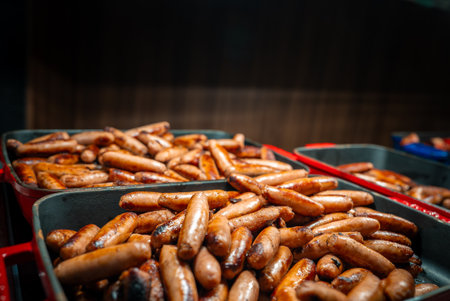 Warm indoor close up of large trays stacked with grilled sausagesの写真素材