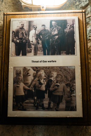 Wartime exhibit panel on gas warfare in Mellieha, Maltaの写真素材