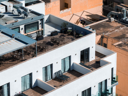 Rooftop terraces of modern white building in Mellieha, Maltaの写真素材