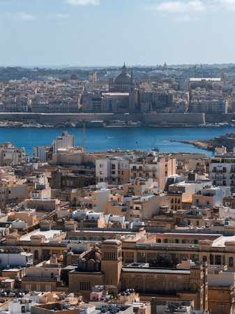 High angle view of Sliema and Valletta across Marsamxett Harbourの写真素材