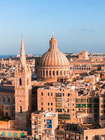 Aerial sunset view of Valletta with Mount Carmel dome and St. Pauls spireの写真素材