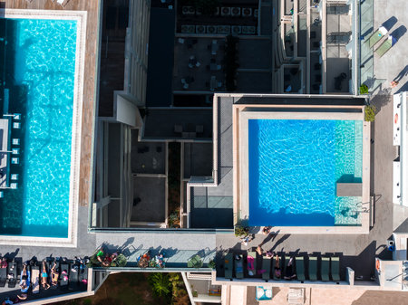 Aerial top down view of hotel pools and terraces in Mellieha, Maltaの写真素材