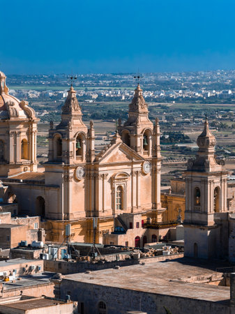 Mdina skyline with St. Pauls Cathedral towers and Malta plainsの写真素材