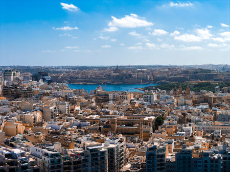 Aerial panorama of Sliema and Valletta across Marsamxett Harbourの写真素材