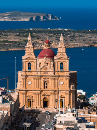 Sanctuary of Our Lady of Mellieha above Mellieha Bay in Maltaの写真素材