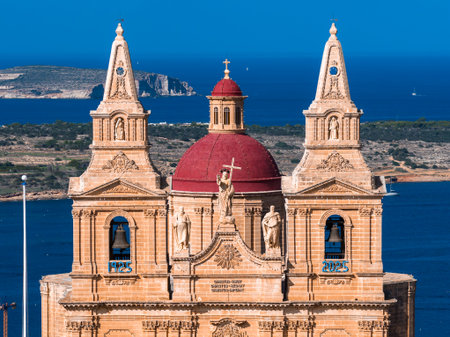 Sanctuary of Our Lady of Mellieha above Mediterranean with Gozo viewの写真素材
