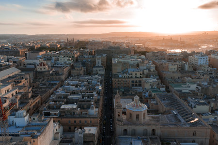 Aerial sunset view over Valletta Malta toward Grand Harbourの写真素材