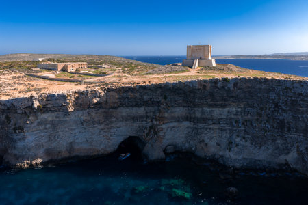 Aerial view of Saint Marys Tower on Comino Island, Malta cliffsの写真素材