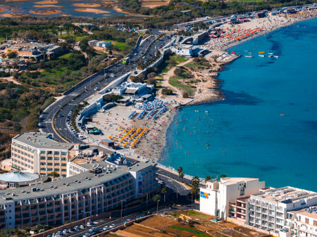 Aerial panorama of Mellieha Bay and Ghadira Bay coastline, Maltaの写真素材
