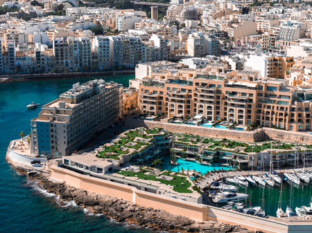 Aerial view of Portomaso and Spinola Bay waterfront complex, Sliemaの写真素材