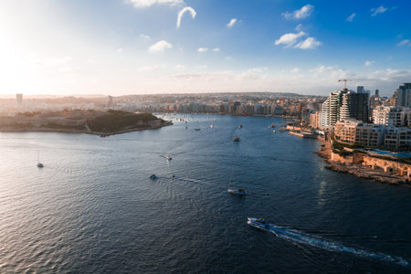 Aerial panoramic view of Marsamxett Harbour at sunset in Vallettaの写真素材