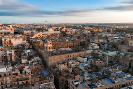 Aerial golden hour view of Valletta Malta with Baroque skylineの写真素材