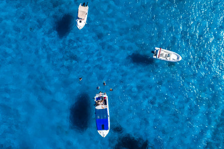 Aerial top down view of Blue Lagoon, Comino Island, Malta