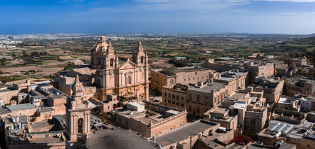 Aerial panorama of Mdina, Malta with St. Pauls Cathedral towersの写真素材