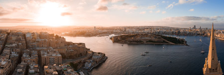Aerial sunset panorama of Valletta, Malta and the Grand Harbourの写真素材