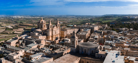 Aerial panorama of Mdina with St. Pauls Cathedral towers in Maltaの写真素材