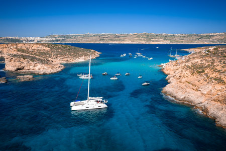 Aerial panoramic view of Blue Lagoon Comino Island Malta in summer