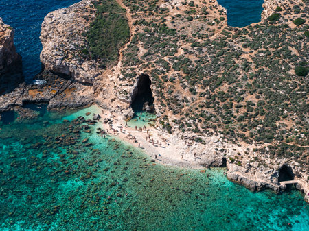 Aerial high angle view of Comino Island Blue Lagoon coastline, Maltaの写真素材