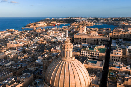 Aerial golden hour panorama of Valletta and Grand Harbour Maltaの写真素材