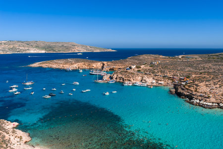 Aerial panorama of Blue Lagoon, Comino and Cominotto, Maltaの写真素材