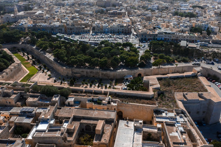 Aerial view of Mdina fortified walls and bastions in Malta at middayの写真素材
