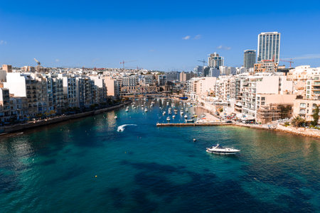 Aerial view of Spinola Bay between Sliema and St. Julians, Maltaの写真素材