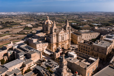 Aerial view of Mdina with St. Pauls Cathedral and bastion wallsの写真素材