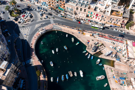 Aerial panoramic view of Spinola Bay in St Julians Malta at middayの写真素材
