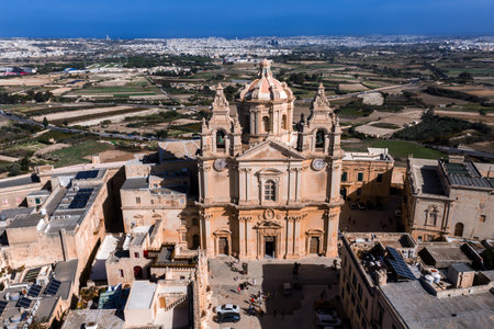 Aerial view of Mdina, Malta with St. Pauls Cathedral at centerの写真素材