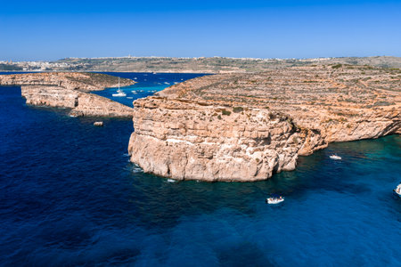 Aerial view of Blue Lagoon, Comino Island with boats and Gozoの写真素材