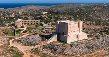 Aerial panorama of St. Marys Tower on Comino, Malta in daylight