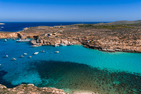 Aerial panoramic view of Blue Lagoon, Comino Island, Malta in summerの写真素材