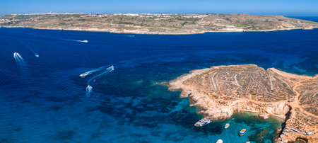 Aerial panoramic view of Blue Lagoon, Comino Island, Maltaの写真素材