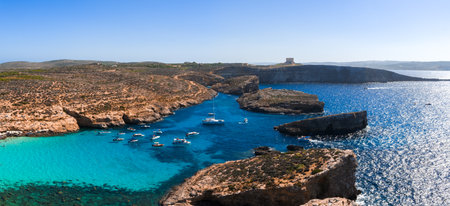 Aerial panorama of Blue Lagoon, Comino Island, Malta at middayの写真素材