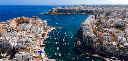 Aerial panorama of Sliema with Balluta and Spinola Bays, Maltaの写真素材