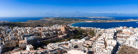 Aerial panorama of Mellieha and bay with Sanctuary and islandsの写真素材