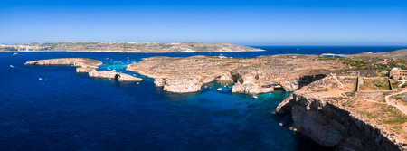 Aerial view of Comino Island Blue Lagoon and Cominotto, Maltaの写真素材