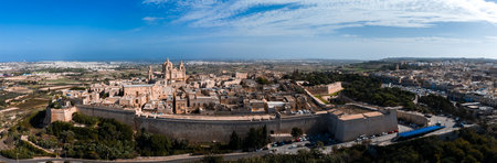 Aerial view of Mdina, Malta, with St. Pauls Cathedral and wallsの写真素材