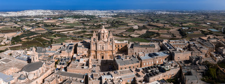 Aerial panorama of Mdina with St. Pauls Cathedral and bastionsの写真素材