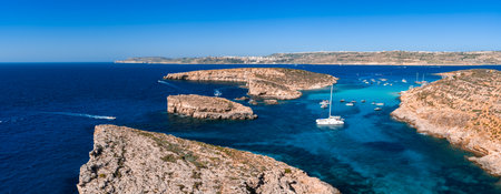 Aerial panorama of Blue Lagoon, Comino Island, Malta at middayの写真素材
