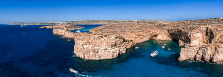 Aerial panorama of Blue Lagoon, Comino Island, Malta at middayの写真素材