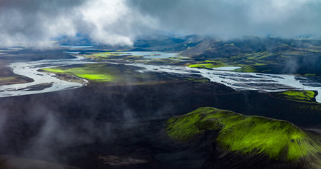 Aerial view of Iceland highlands near Landmannalaugar with riversの写真素材