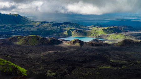 Aerial view of Landmannalaugar crater lake and basalt lava fieldsの写真素材
