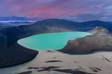 Aerial view of Viti crater lake near Askja in Icelands highlandsの写真素材