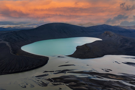 Aerial crater lake and lava fields near Landmannalaugar, Icelandの写真素材