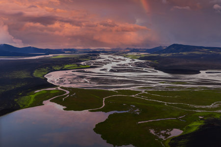 Aerial braided glacial river over volcanic sands near Landmannalaugarの写真素材