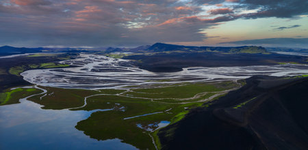 Aerial panorama of braided glacial river in Iceland Highlandsの写真素材