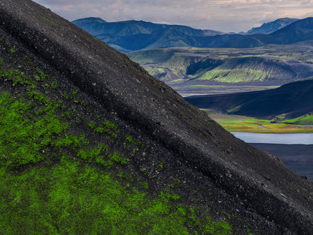 Volcanic ash ridge and moss near Landmannalaugar in Icelandの写真素材